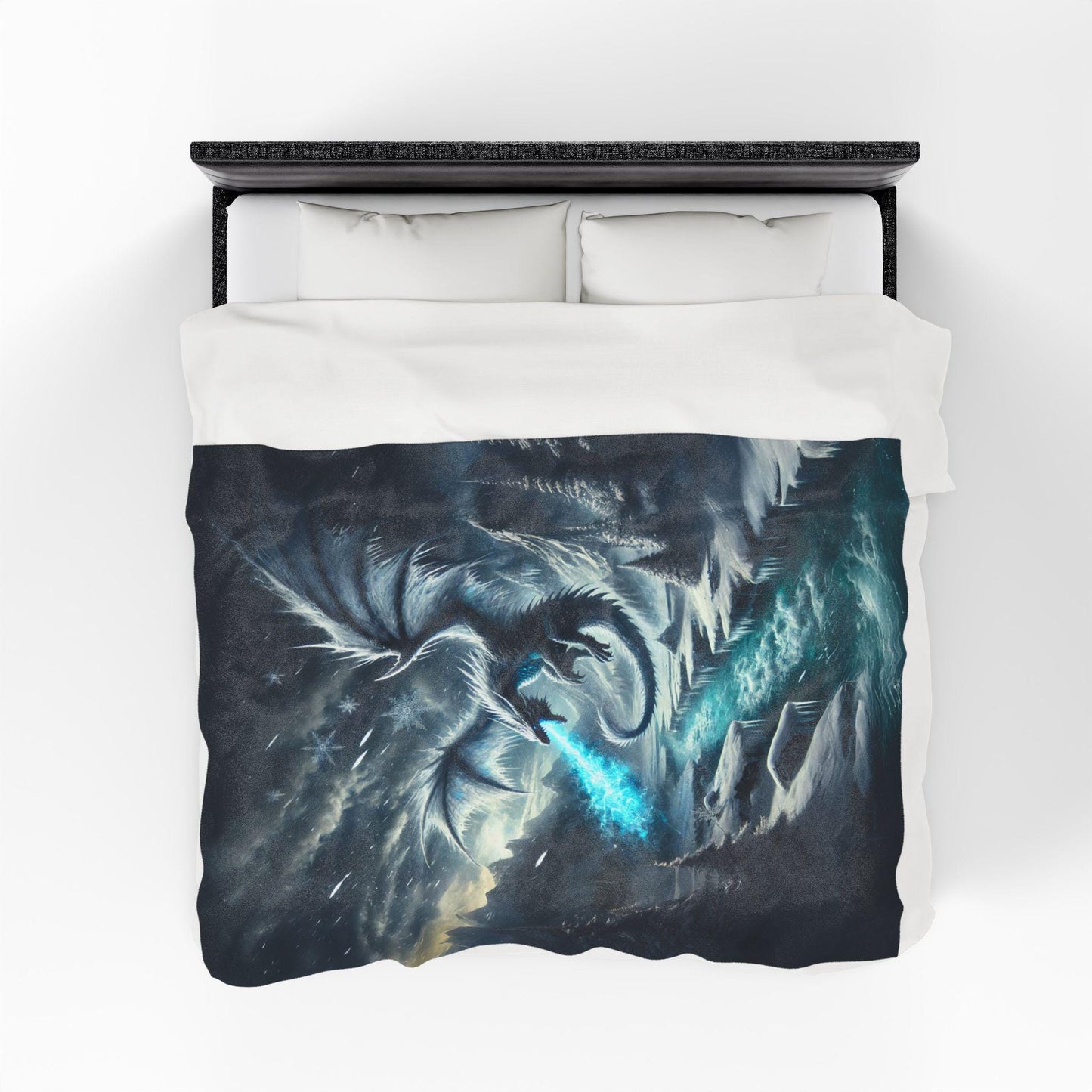 Velveteen Plush Ice Dragon Blanket, Fantasy Art Throw, Gift for Dragon Lover DND Home Decor Cozy Bedding, Frost Snow Epic Fantasy Blanket