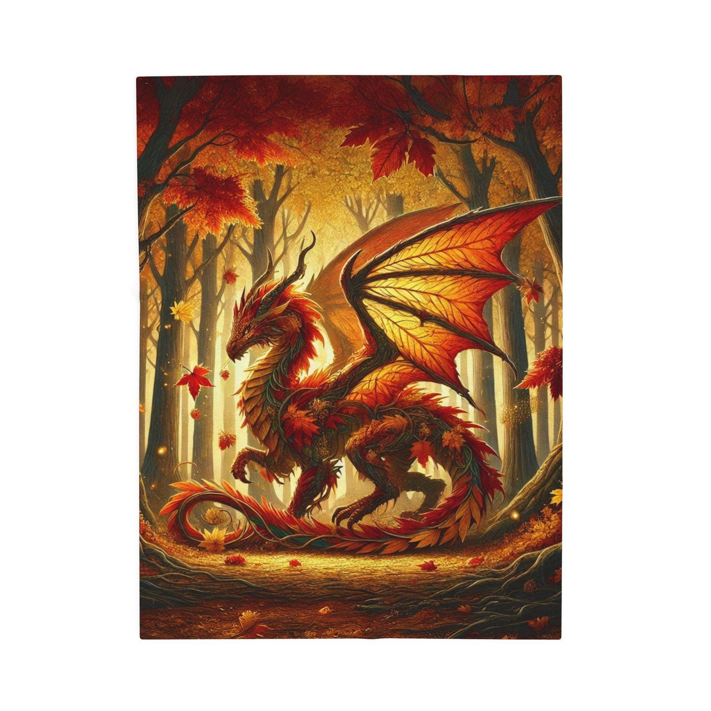 Cozy Dragon Blanket Fall Home Decor, Throw with Red Orange Autumn Leaves and Scales, Unique Dragon Art Fantasy Gift for DND Dragon Lover