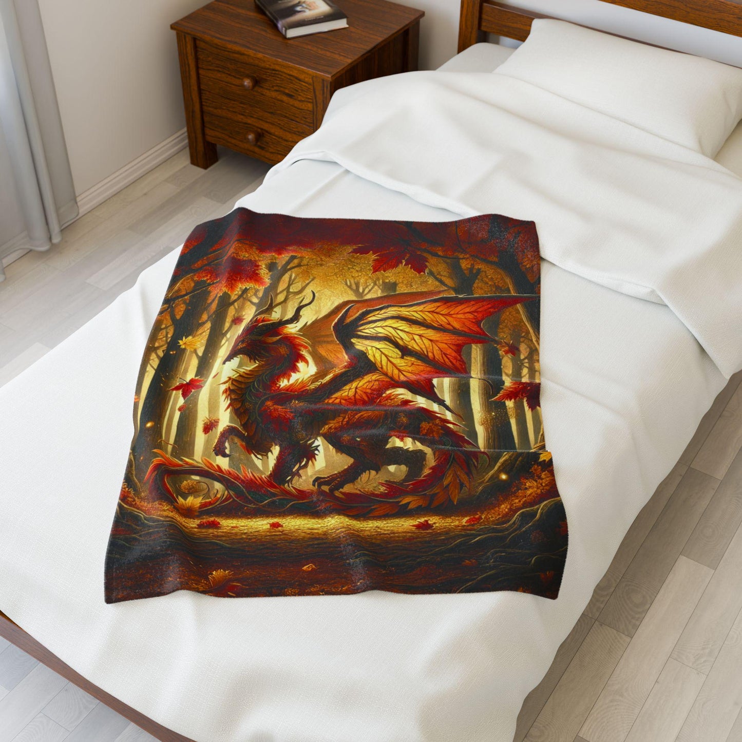 Cozy Dragon Blanket Fall Home Decor, Throw with Red Orange Autumn Leaves and Scales, Unique Dragon Art Fantasy Gift for DND Dragon Lover