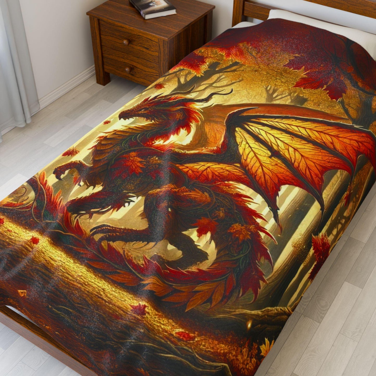 Cozy Dragon Blanket Fall Home Decor, Throw with Red Orange Autumn Leaves and Scales, Unique Dragon Art Fantasy Gift for DND Dragon Lover