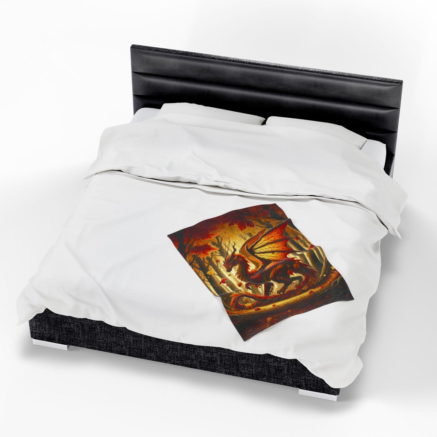 Cozy Dragon Blanket Fall Home Decor, Throw with Red Orange Autumn Leaves and Scales, Unique Dragon Art Fantasy Gift for DND Dragon Lover