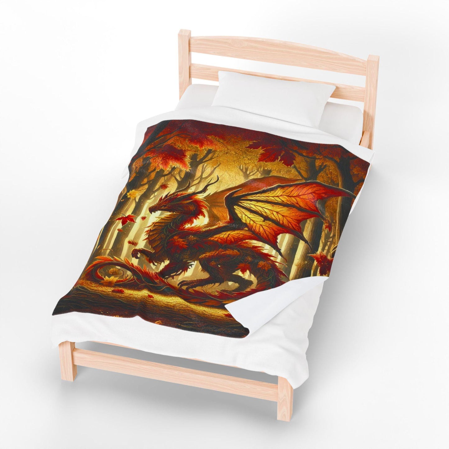Cozy Dragon Blanket Fall Home Decor, Throw with Red Orange Autumn Leaves and Scales, Unique Dragon Art Fantasy Gift for DND Dragon Lover