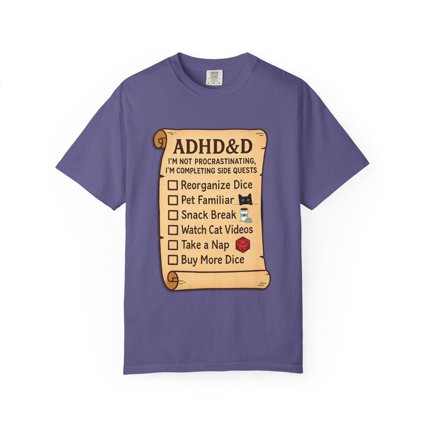 ADHD&D Roll for Concentration Shirt, Distraction Checklist, ADHD Side Quests Graphic Tee, D20 Nat 1 T-Shirt Dungeons and Dragons Gift