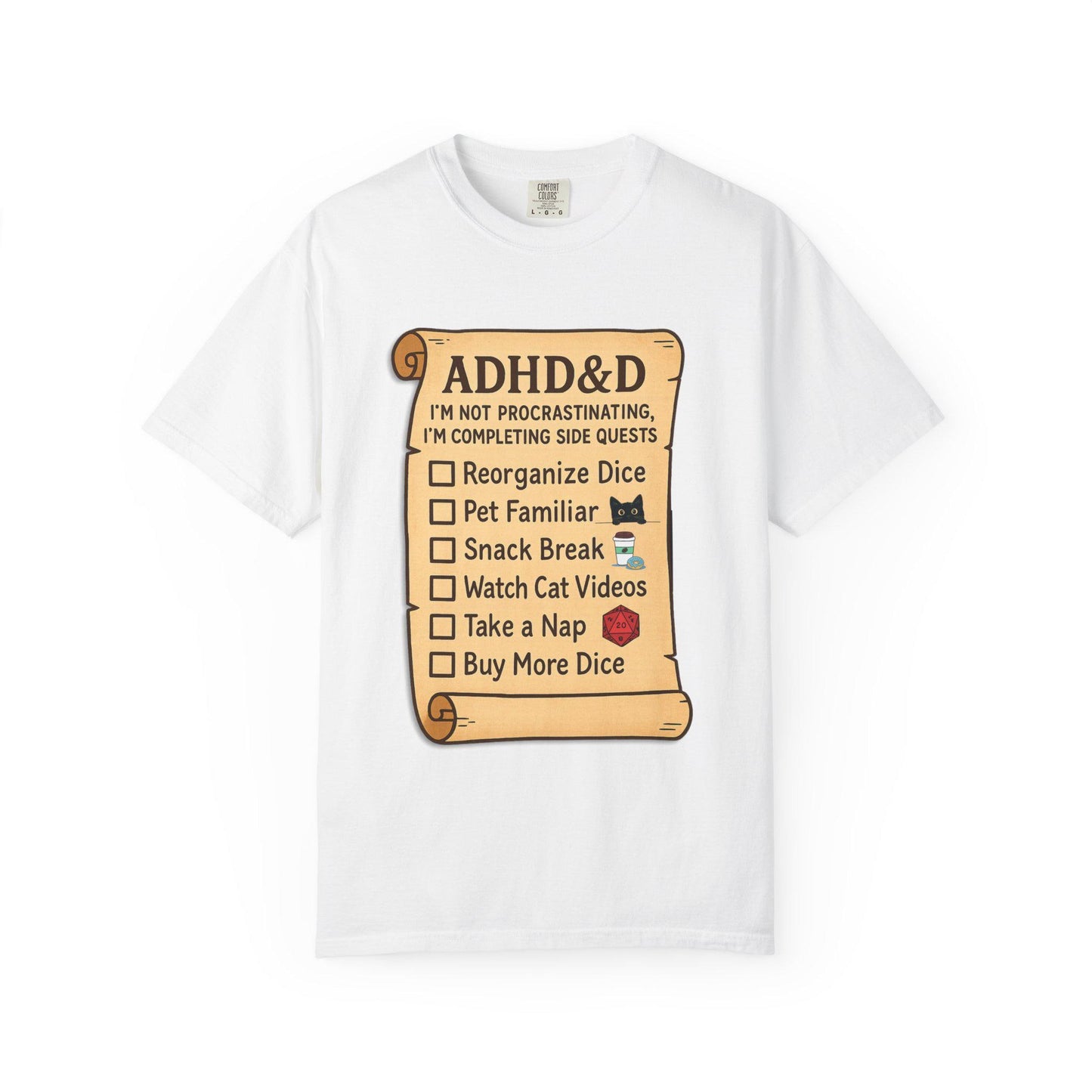 ADHD&D Roll for Concentration Shirt, Distraction Checklist, ADHD Side Quests Graphic Tee, D20 Nat 1 T-Shirt Dungeons and Dragons Gift