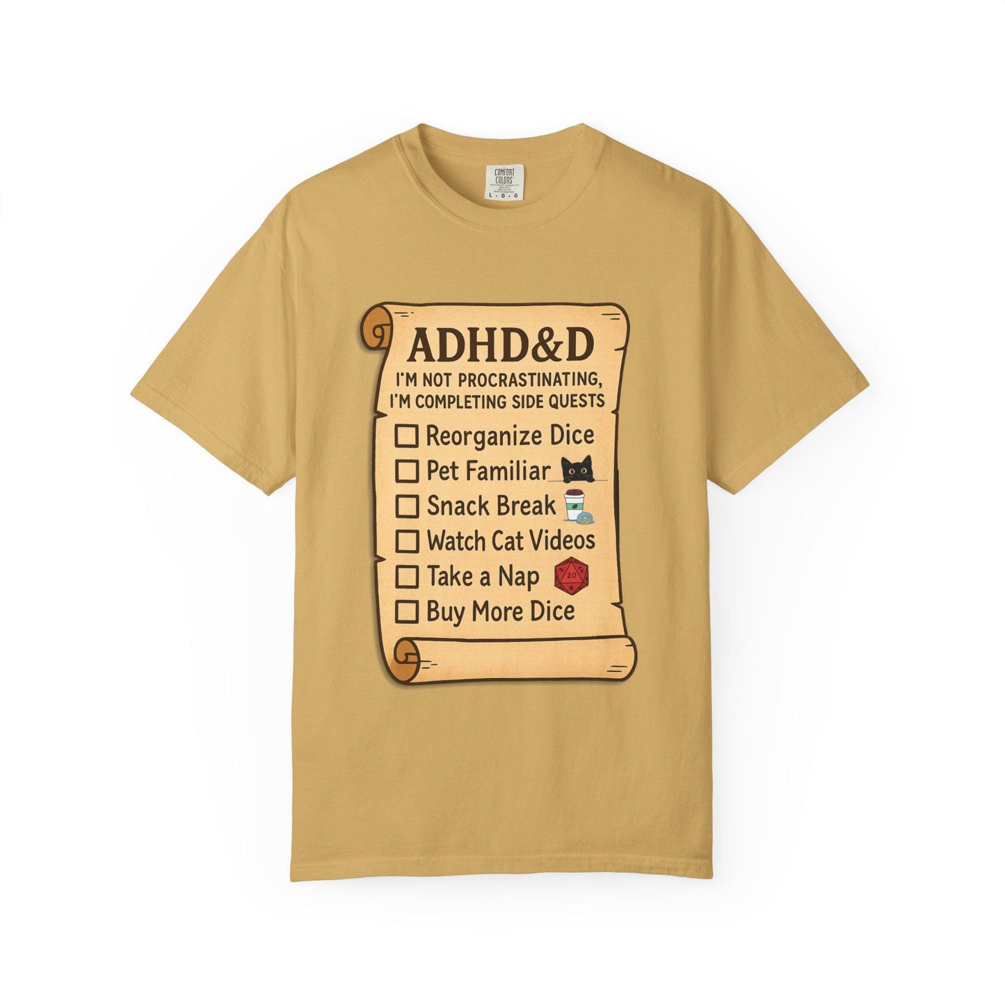 ADHD&D Roll for Concentration Shirt, Distraction Checklist, ADHD Side Quests Graphic Tee, D20 Nat 1 T-Shirt Dungeons and Dragons Gift