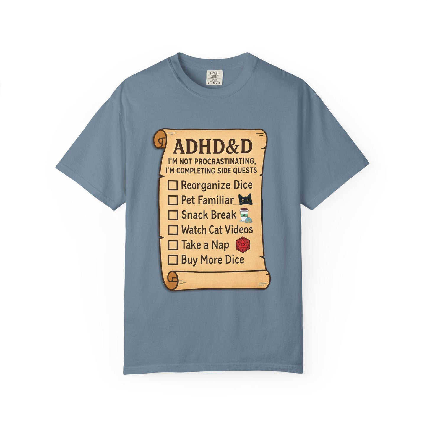 ADHD&D Roll for Concentration Shirt, Distraction Checklist, ADHD Side Quests Graphic Tee, D20 Nat 1 T-Shirt Dungeons and Dragons Gift