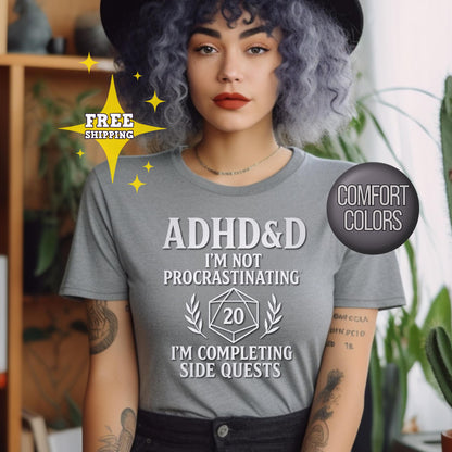 ADHD DND Shirt Side Quests Graphic Tee, Procrastination Shirt for D&D Player, Geeky D20 Nat 1 T-Shirt, Dungeons and Dragons Gift