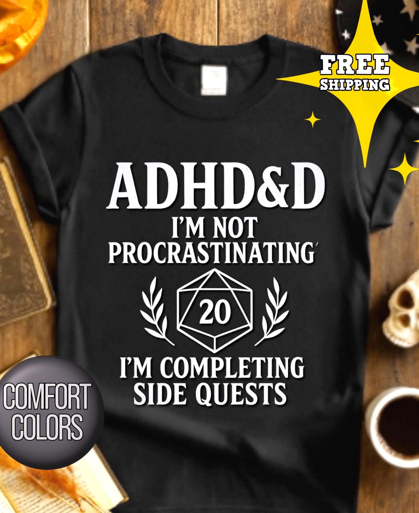 ADHD DND Shirt Side Quests Graphic Tee, Procrastination Shirt for D&D Player, Geeky D20 Nat 1 T-Shirt, Dungeons and Dragons Gift