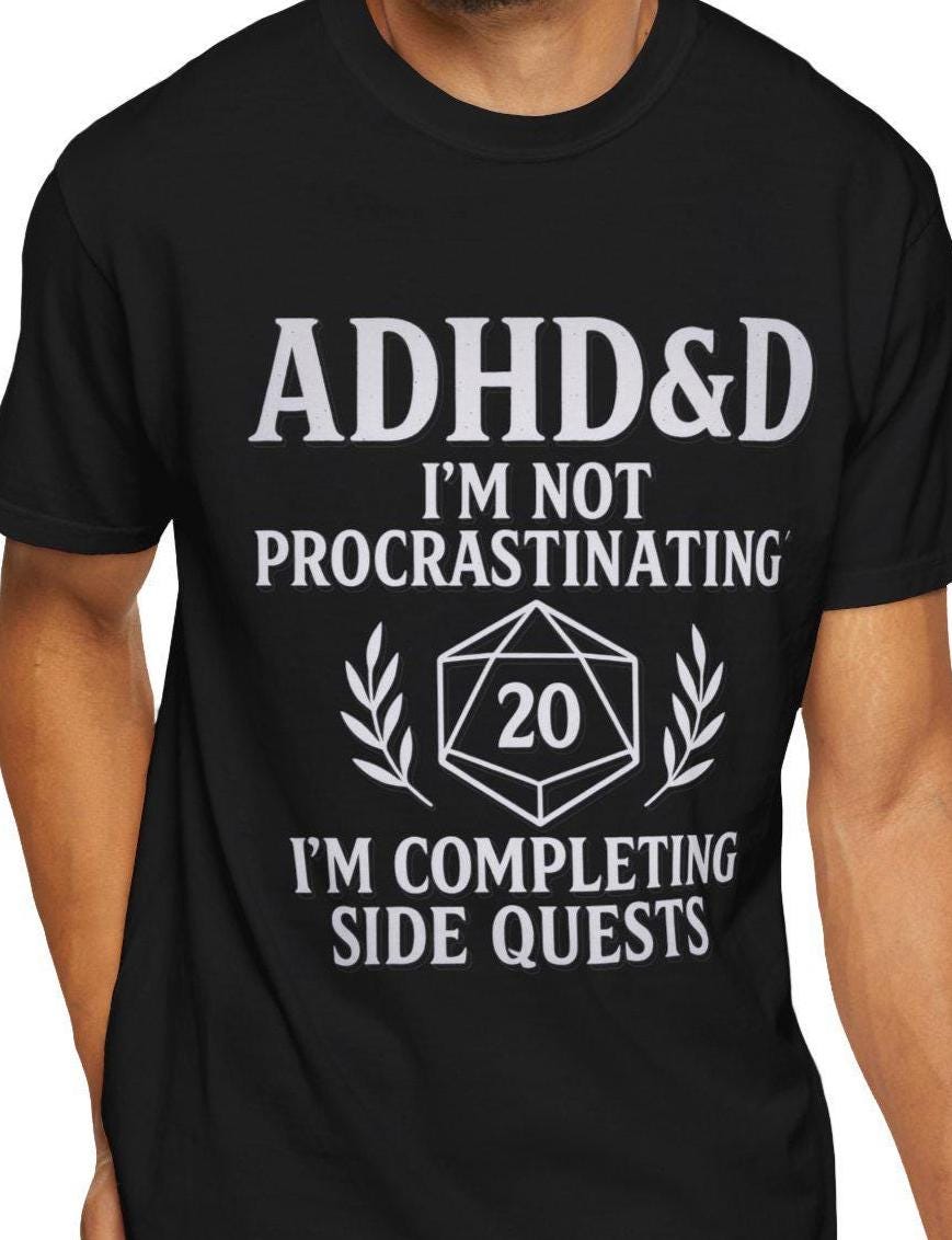 ADHD DND Shirt Side Quests Graphic Tee, Procrastination Shirt for D&D Player, Geeky D20 Nat 1 T-Shirt, Dungeons and Dragons Gift