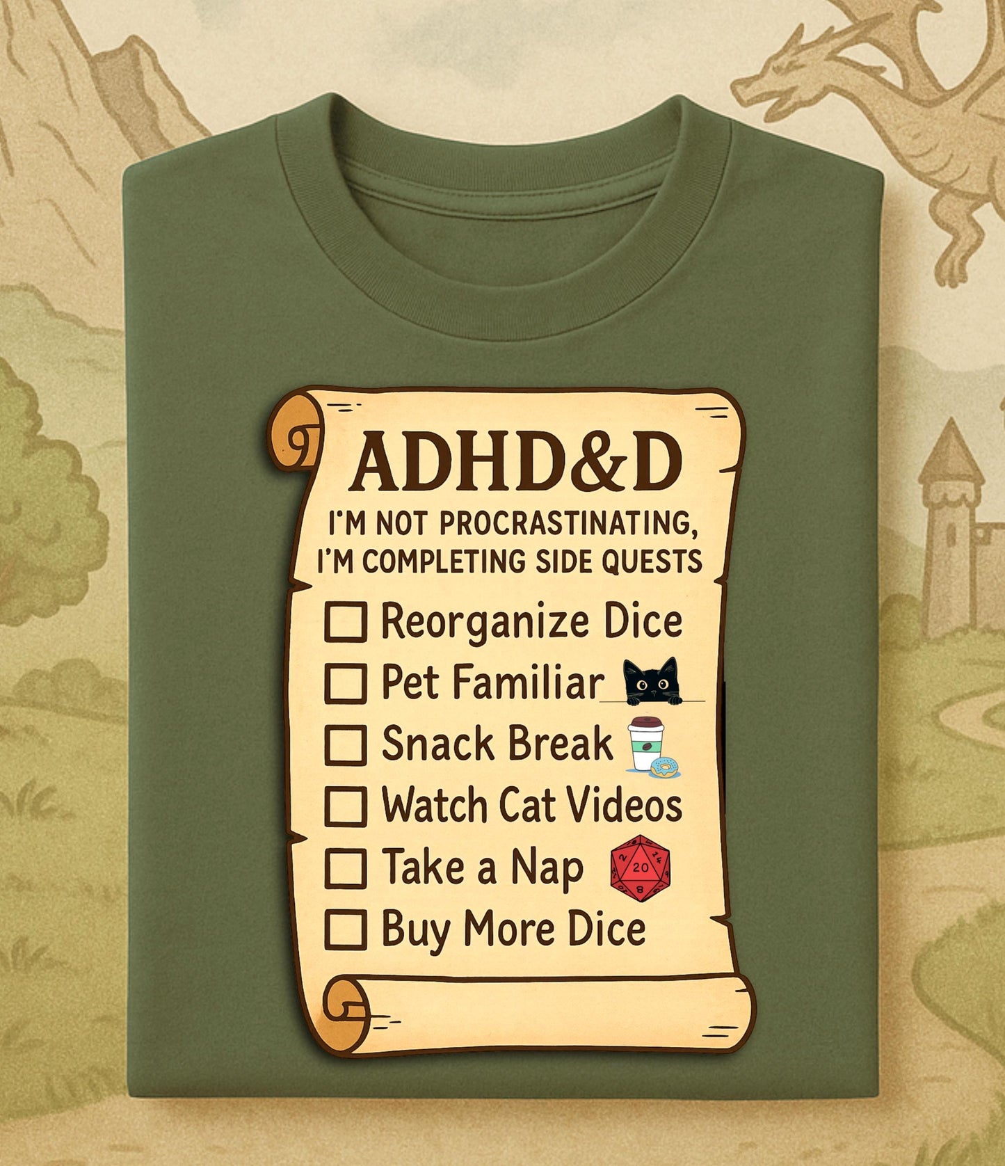ADHD&D Roll for Concentration Shirt, Distraction Checklist, ADHD Side Quests Graphic Tee, D20 Nat 1 T-Shirt Dungeons and Dragons Gift