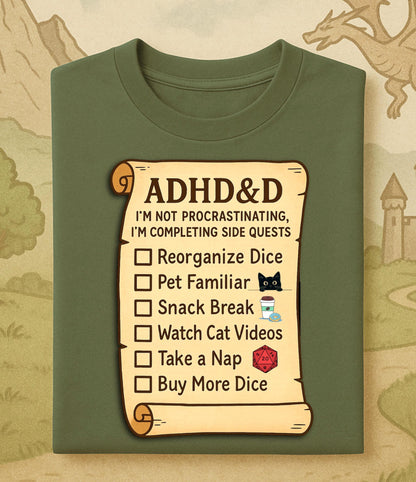 ADHD&D Roll for Concentration Shirt, Distraction Checklist, ADHD Side Quests Graphic Tee, D20 Nat 1 T-Shirt Dungeons and Dragons Gift