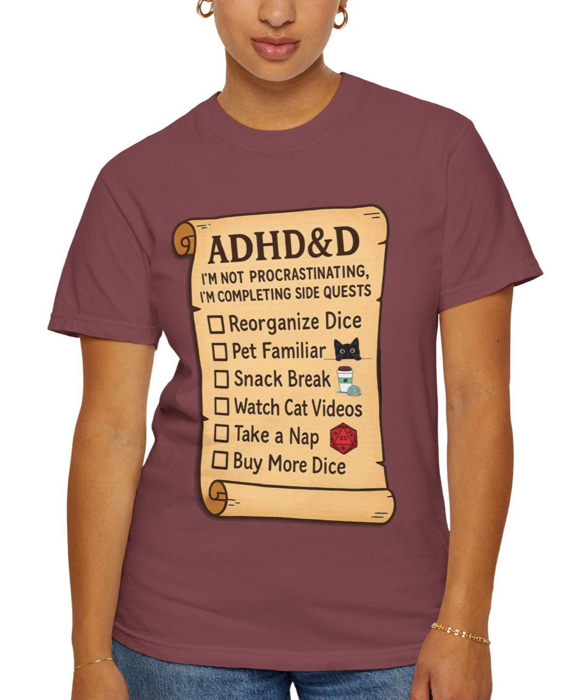 ADHD&D Roll for Concentration Shirt, Distraction Checklist, ADHD Side Quests Graphic Tee, D20 Nat 1 T-Shirt Dungeons and Dragons Gift
