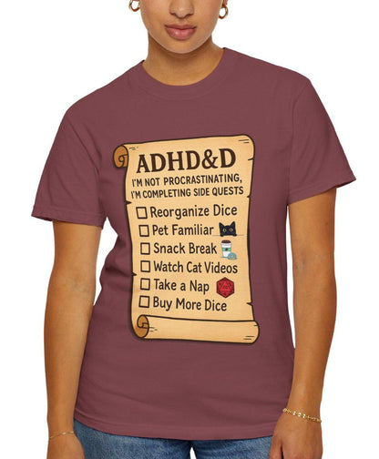 ADHD&D Roll for Concentration Shirt, Distraction Checklist, ADHD Side Quests Graphic Tee, D20 Nat 1 T-Shirt Dungeons and Dragons Gift