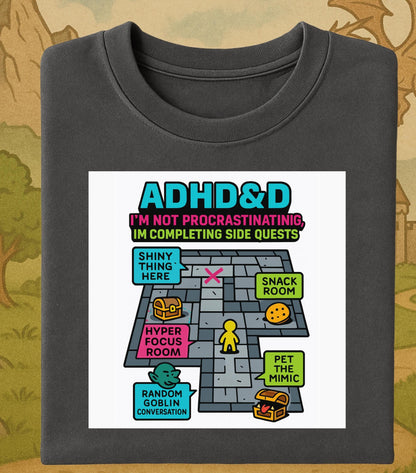 ADHD&D Side Quests Graphic Tee, ADHD Procrastination Shirt, DND Dungeon tShirt, Geeky D20 Nat 1 T-Shirt, Dungeons and Dragons Gift