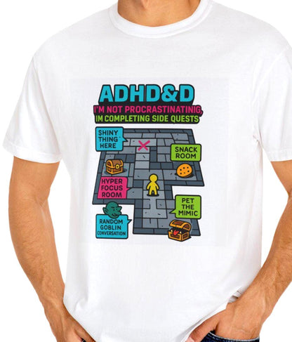 ADHD&D Side Quests Graphic Tee, ADHD Procrastination Shirt, DND Dungeon tShirt, Geeky D20 Nat 1 T-Shirt, Dungeons and Dragons Gift