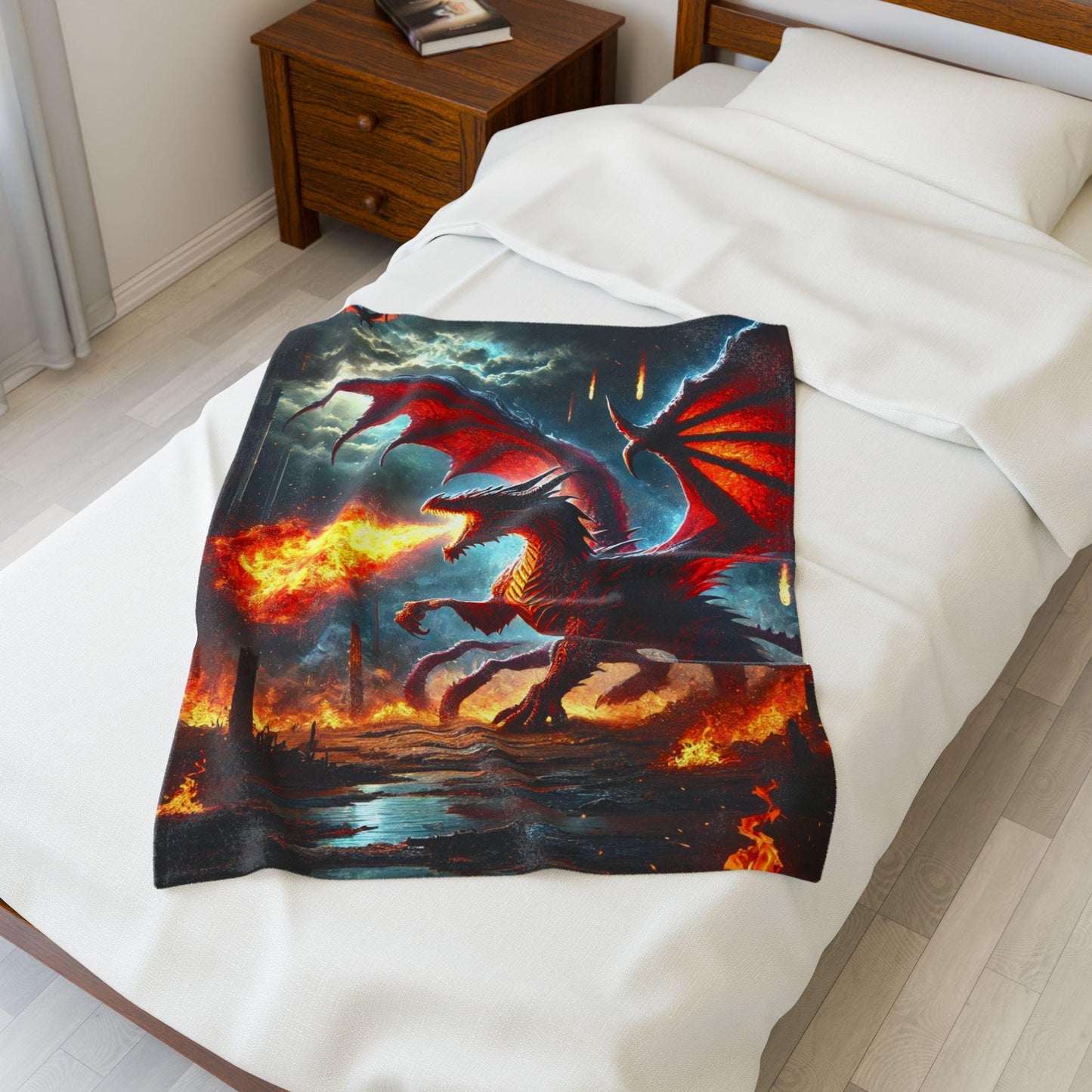 Velveteen Plush Dragon Blanket Fire Dragon Home Decor, DnD Red Dragon Bedding, Chaos and Destruction, Cozy Throw Dragon Lover Gift for DND