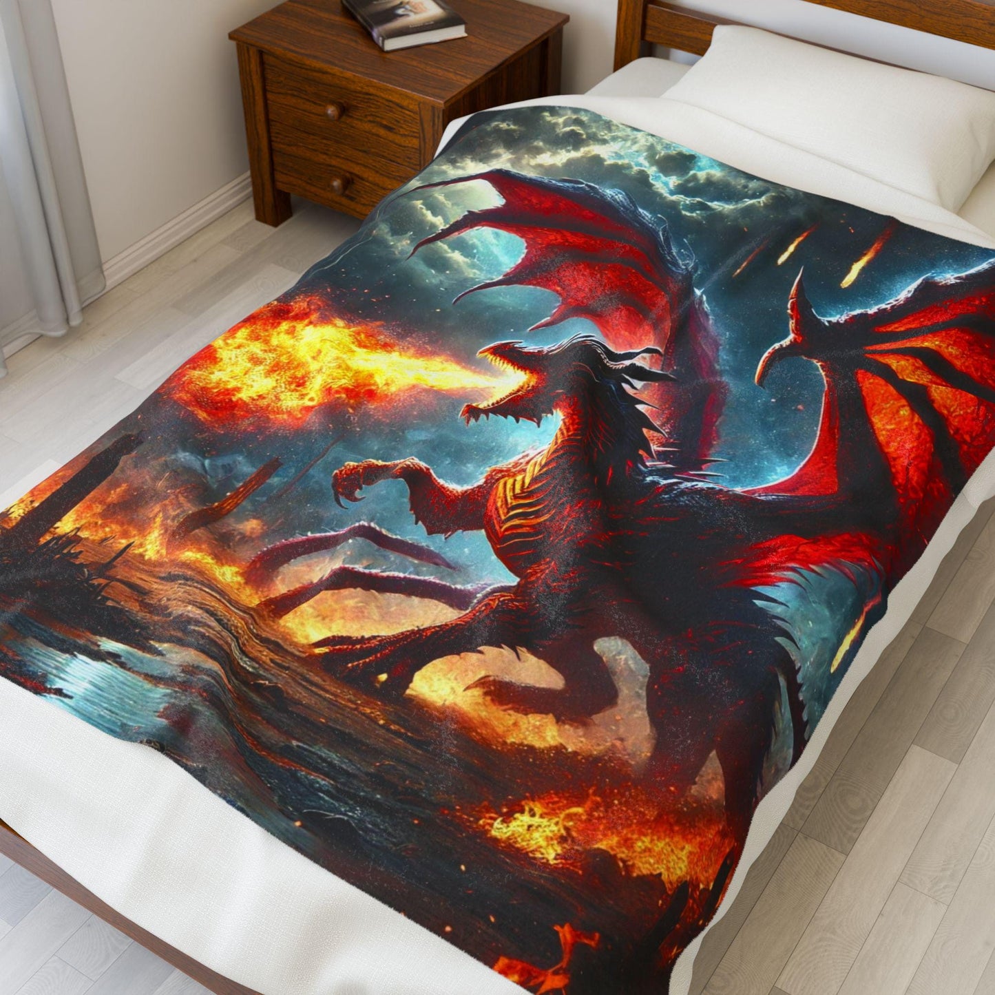 Velveteen Plush Dragon Blanket Fire Dragon Home Decor, DnD Red Dragon Bedding, Chaos and Destruction, Cozy Throw Dragon Lover Gift for DND