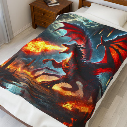 Velveteen Plush Dragon Blanket Fire Dragon Home Decor, DnD Red Dragon Bedding, Chaos and Destruction, Cozy Throw Dragon Lover Gift for DND