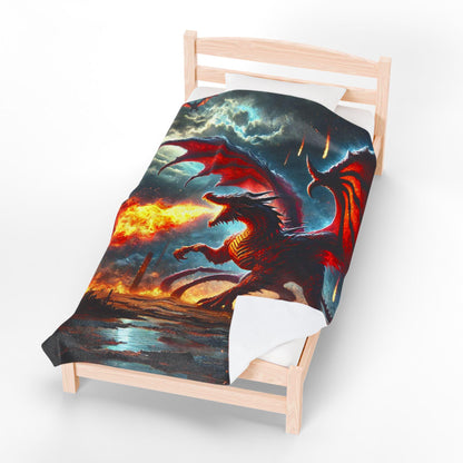 Velveteen Plush Dragon Blanket Fire Dragon Home Decor, DnD Red Dragon Bedding, Chaos and Destruction, Cozy Throw Dragon Lover Gift for DND