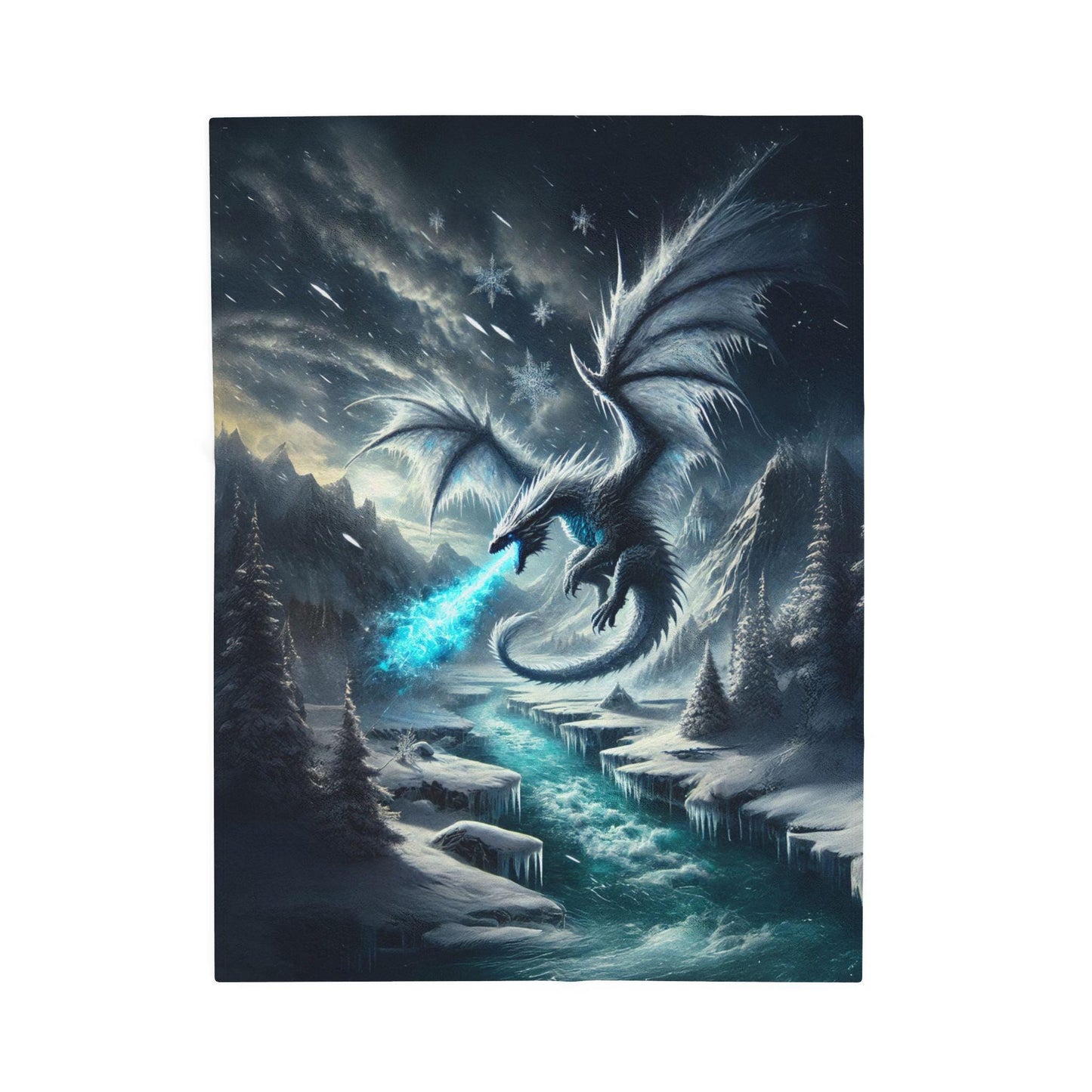 Velveteen Plush Ice Dragon Blanket, Fantasy Art Throw, Gift for Dragon Lover DND Home Decor Cozy Bedding, Frost Snow Epic Fantasy Blanket