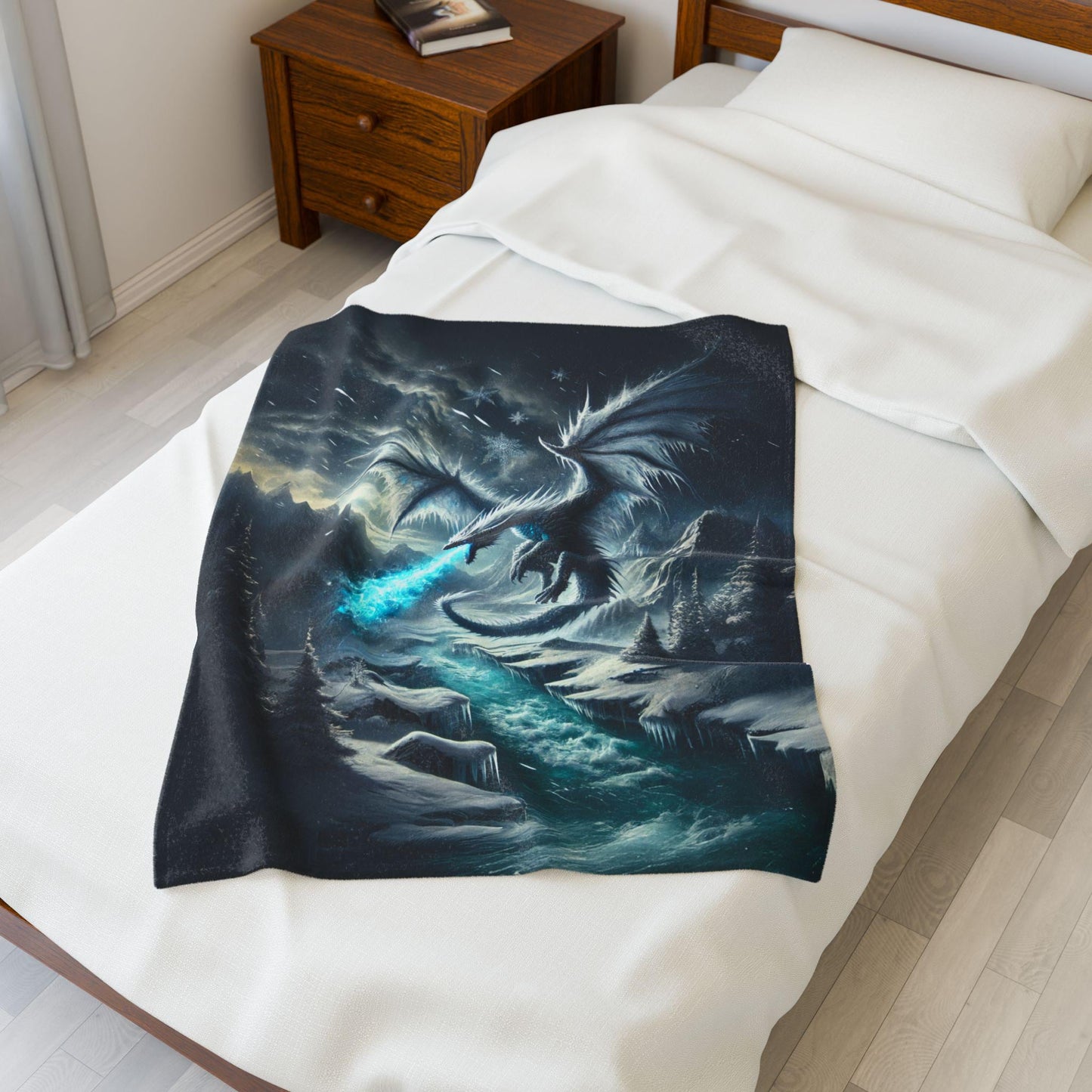 Velveteen Plush Ice Dragon Blanket, Fantasy Art Throw, Gift for Dragon Lover DND Home Decor Cozy Bedding, Frost Snow Epic Fantasy Blanket