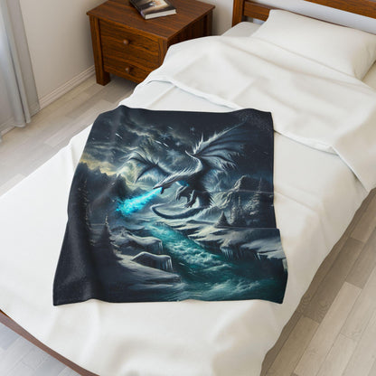Velveteen Plush Ice Dragon Blanket, Fantasy Art Throw, Gift for Dragon Lover DND Home Decor Cozy Bedding, Frost Snow Epic Fantasy Blanket