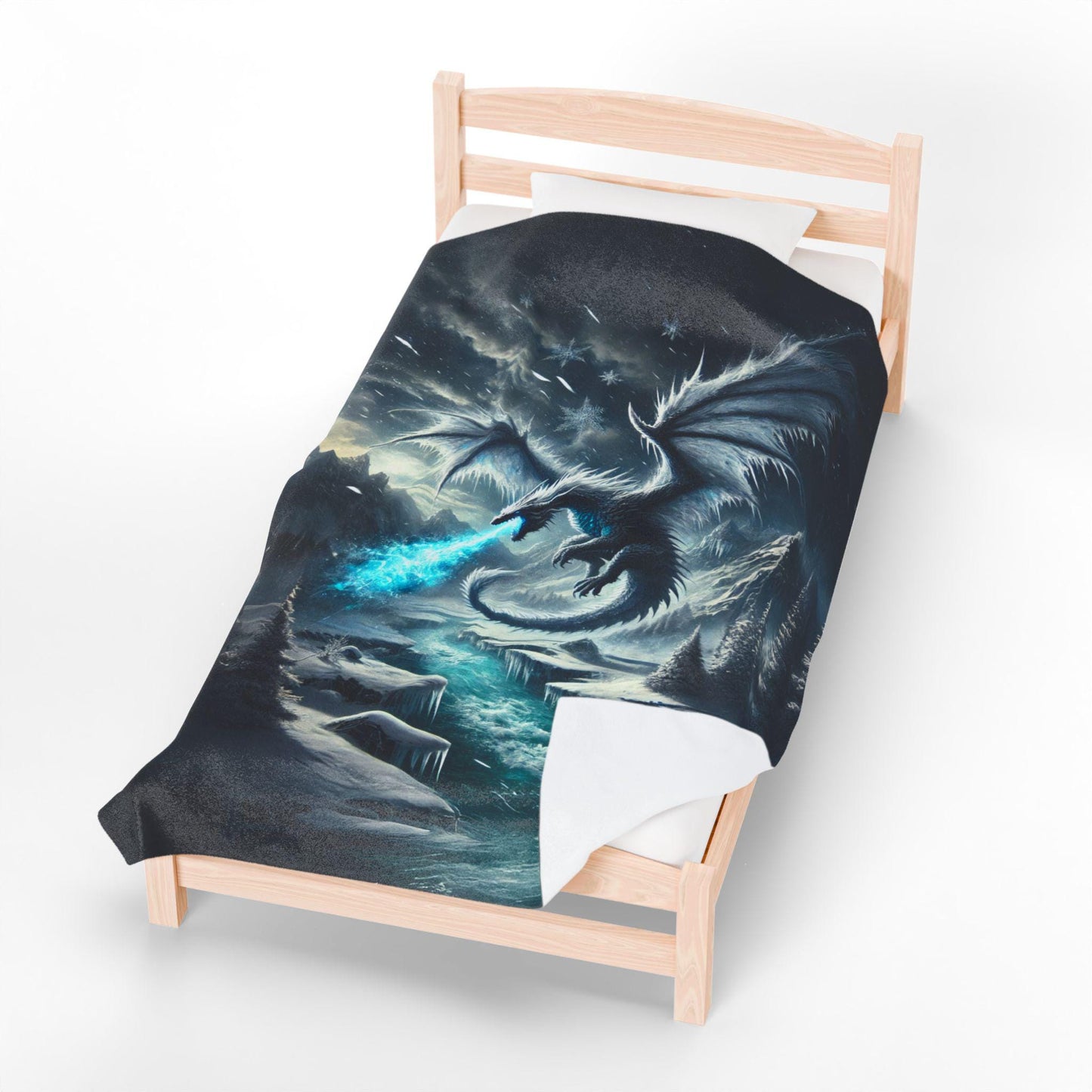 Velveteen Plush Ice Dragon Blanket, Fantasy Art Throw, Gift for Dragon Lover DND Home Decor Cozy Bedding, Frost Snow Epic Fantasy Blanket