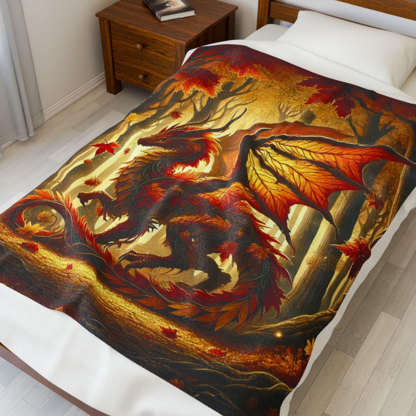 Cozy Dragon Blanket Fall Home Decor, Throw with Red Orange Autumn Leaves and Scales, Unique Dragon Art Fantasy Gift for DND Dragon Lover
