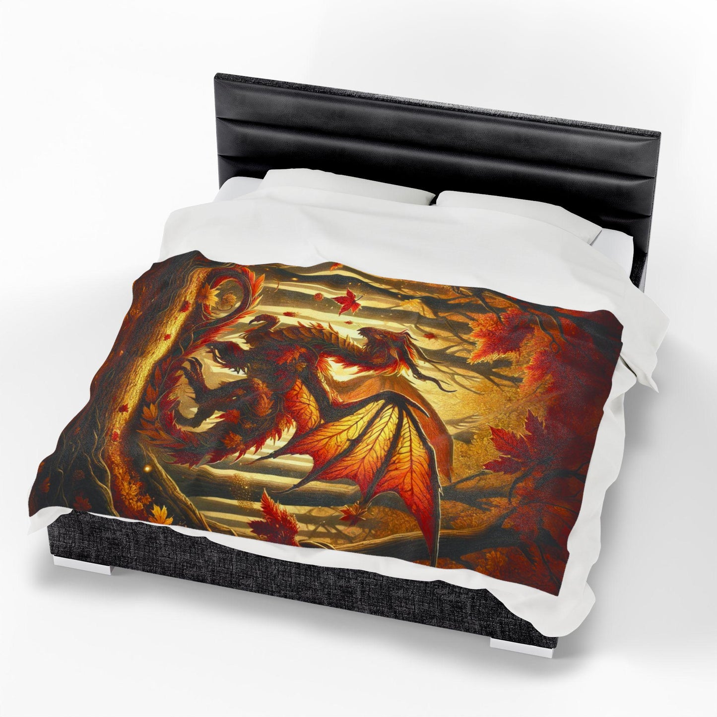 Cozy Dragon Blanket Fall Home Decor, Throw with Red Orange Autumn Leaves and Scales, Unique Dragon Art Fantasy Gift for DND Dragon Lover