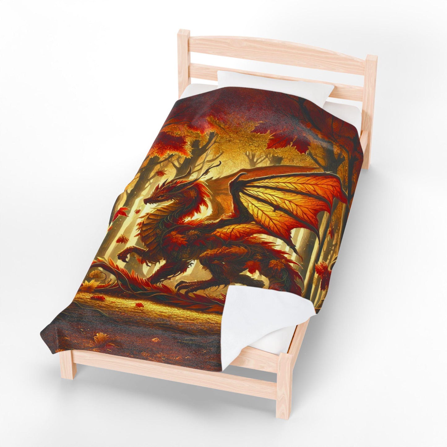 Cozy Dragon Blanket Fall Home Decor, Throw with Red Orange Autumn Leaves and Scales, Unique Dragon Art Fantasy Gift for DND Dragon Lover