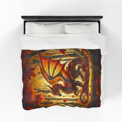 Cozy Dragon Blanket Fall Home Decor, Throw with Red Orange Autumn Leaves and Scales, Unique Dragon Art Fantasy Gift for DND Dragon Lover