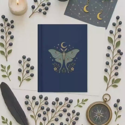 Lunar Moth Journal, Hardcover Navy Celestial Notebook, Matte Cover Diary, Blank Note Paper, Lyric Journal, Poem Notebook